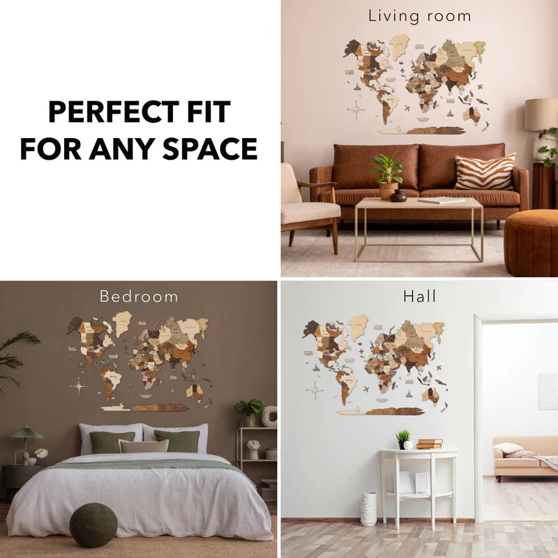 3D Wooden World map Multicolor