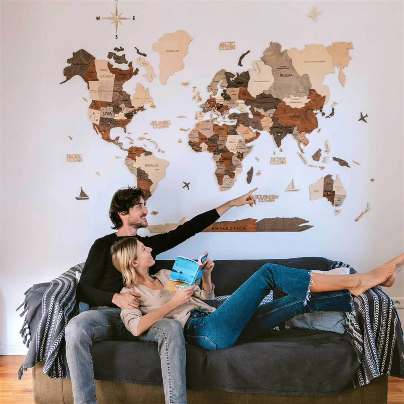 3D Wooden World map Multicolor